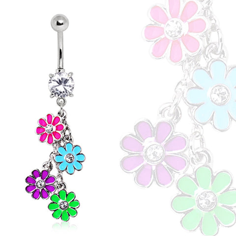 Belly Button Ring Navel 14g Multi Color Daisy Dangle