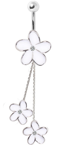 Belly Button Ring Navel 14g Enameled White Daisies Chained Dangle