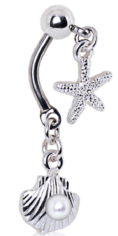 Belly Button Ring Navel 14g Starfish and Pearl Seashell Double Dangle