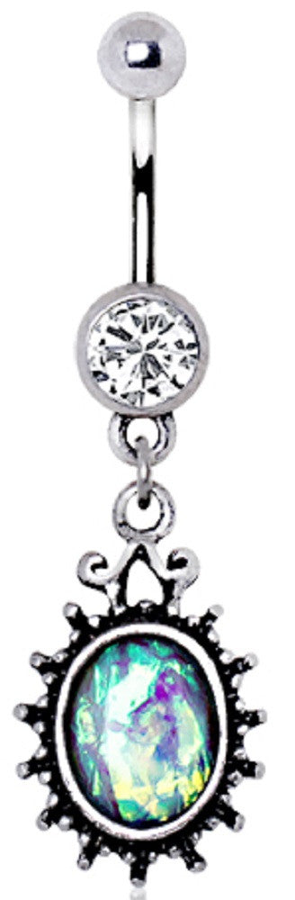 Belly Button Ring Navel 14g CZ Synthetic Opal Antique Wall Mirror Dangle