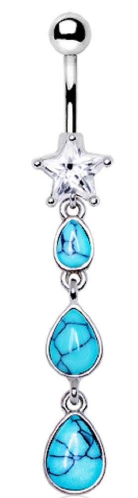 Belly Button Ring Navel 14g CZ Star Triple Teardrop Turquoise Dangle