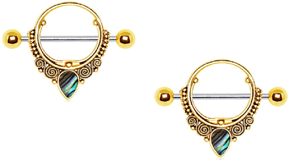 Nipple Ring Shield Gold Plated Ornate Tear Drop Abalone Pair