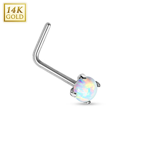 Nose Ring 14Kt. White Gold L Bend Nose Ring Prong Setting Faux Opal 20g