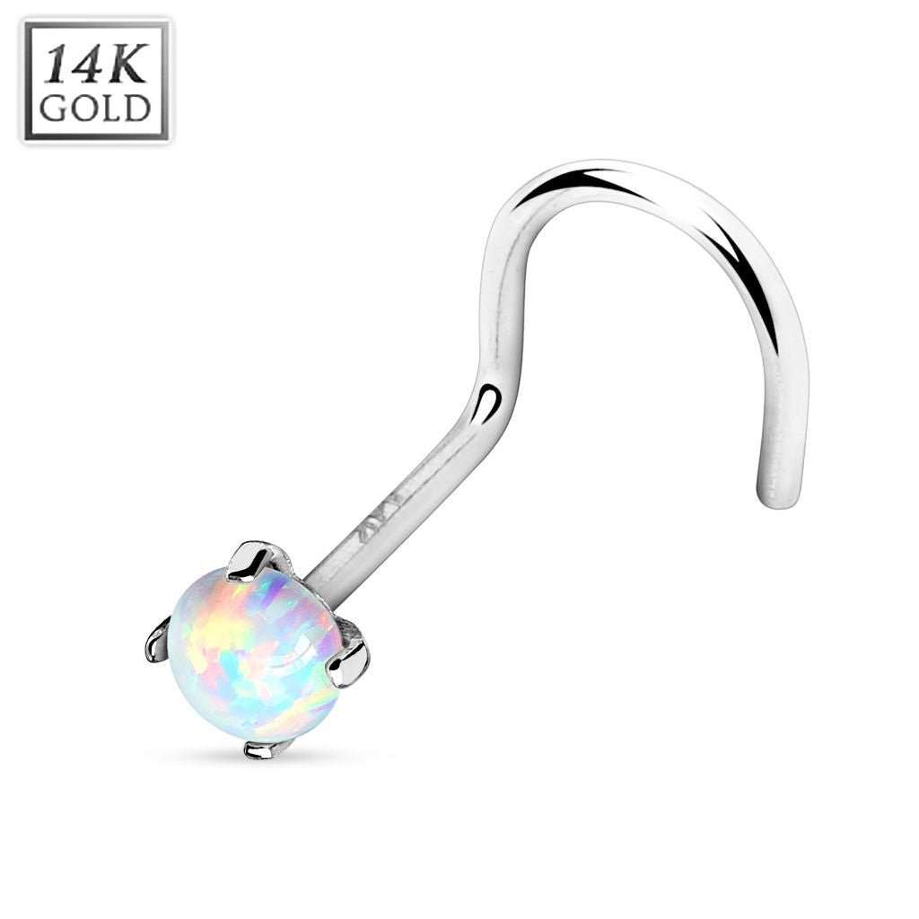 Nose Ring 14Kt. White Gold Prong Setting  Opal Stone Top Nose Screw 20g