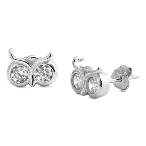 STERLING SILVER Silver Stud Earrings -CZ Owl