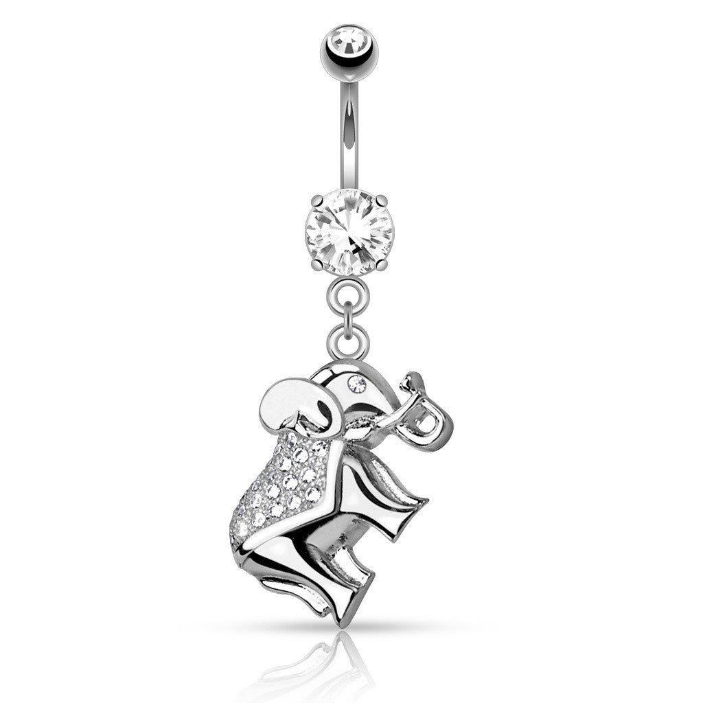 Belly Button Ring Navel CZ Paved Elephant Dangle 316L Surgical Steel