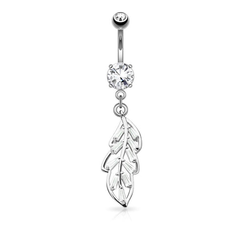 Belly Button Ring Navel Princess Cut CZ Paved Leaf Dangle 316L Surgical Steel