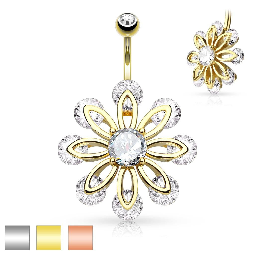 Belly Button Ring Navel CZ Flower   316L Surgical Steel Rose goldtone