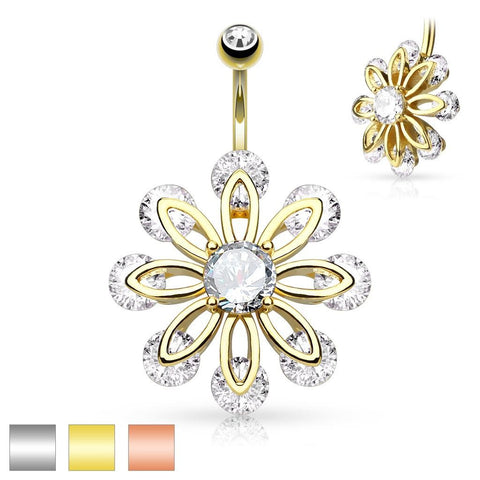 Belly Button Ring Navel CZ Flower   316L Surgical Steel Rose goldtone