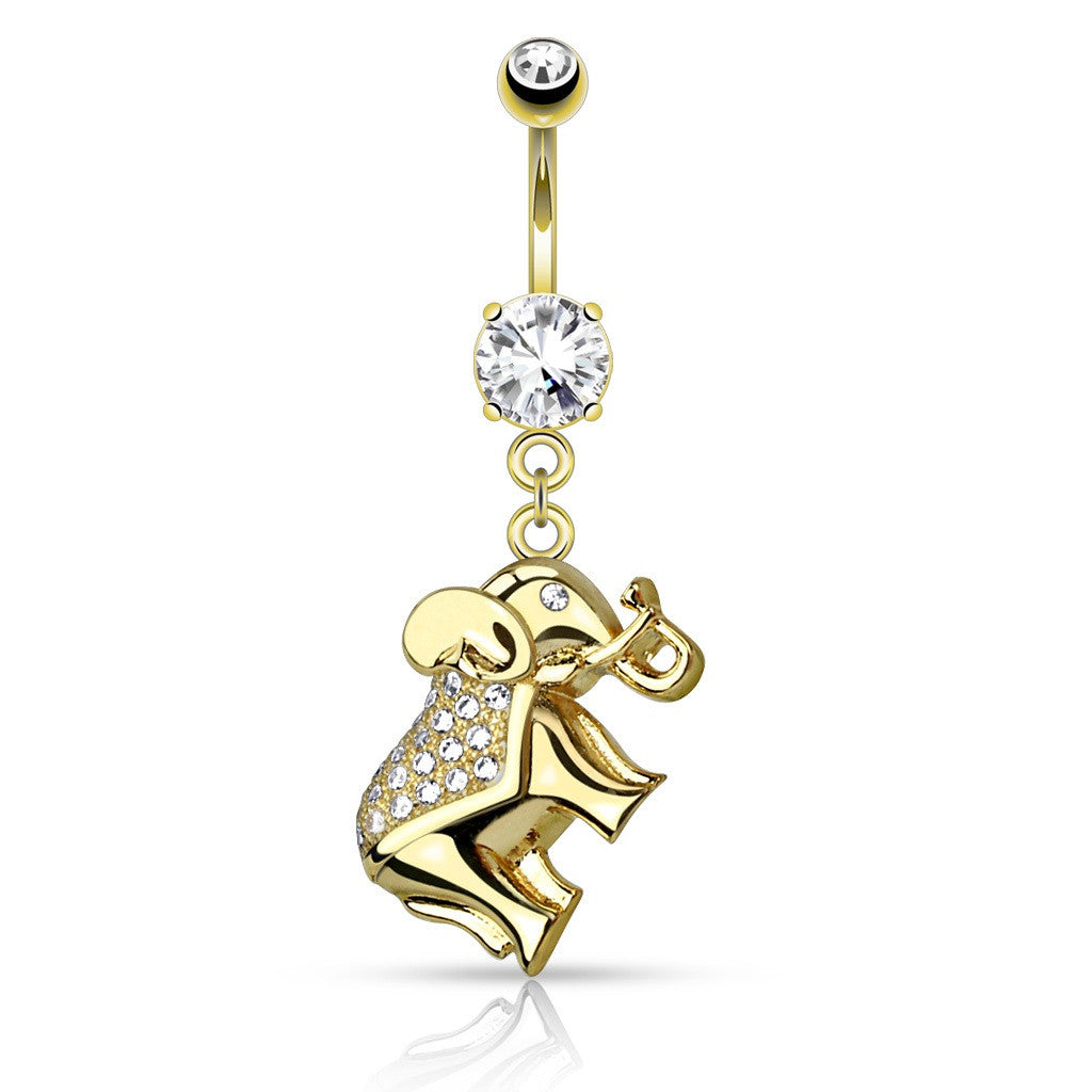 Belly Button Ring Navel CZ Paved Elephant Dangle 316L Surgical Steel Goldtone
