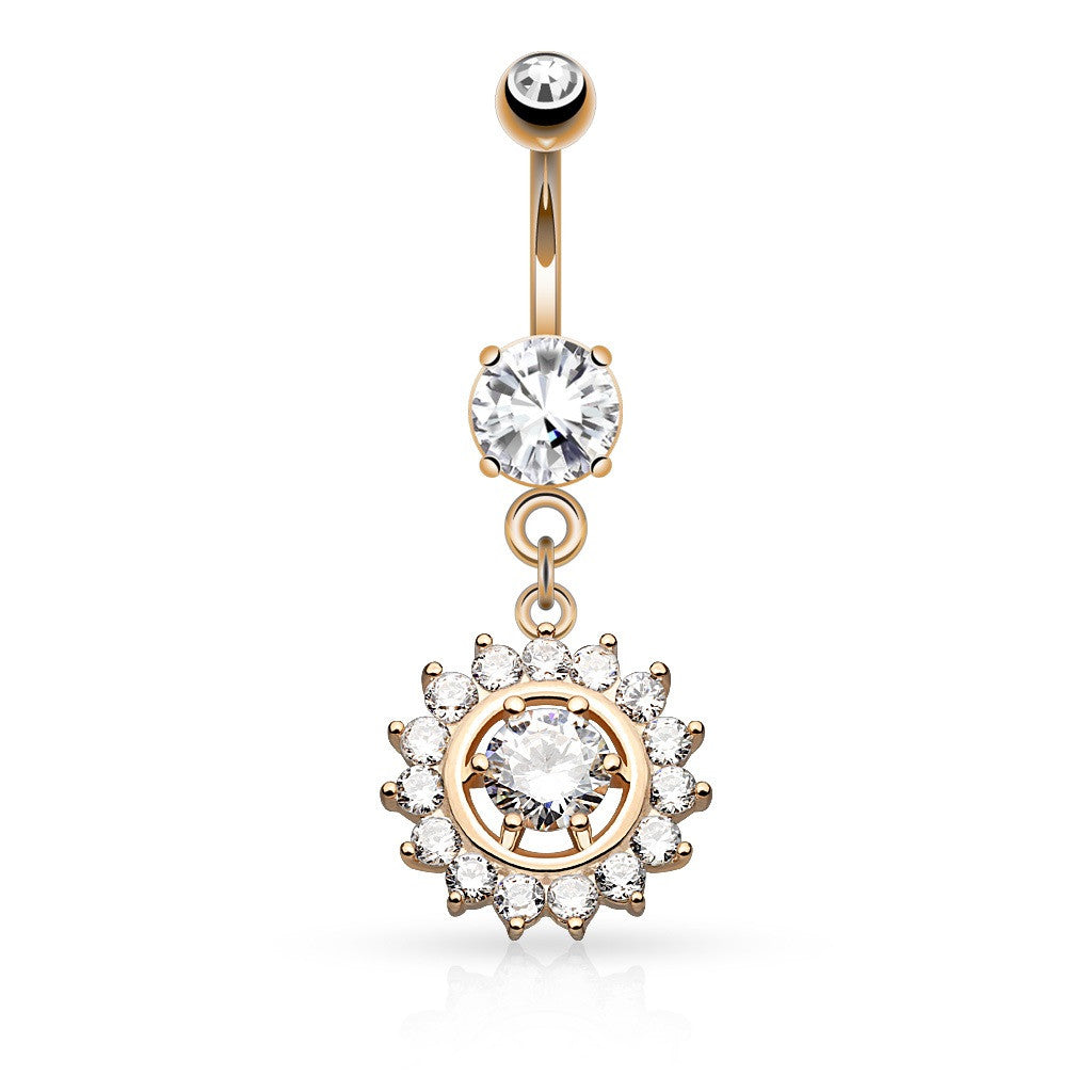 Belly Button Ring Navel Claw Set CZ Around CZ Center Dangle Rose Goldtone