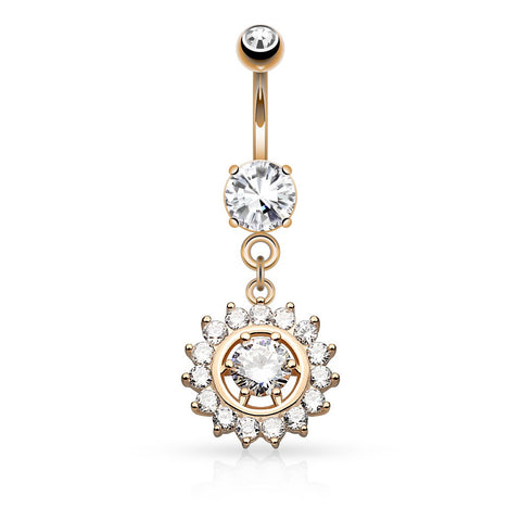 Belly Button Ring Navel Claw Set CZ Around CZ Center Dangle Rose Goldtone