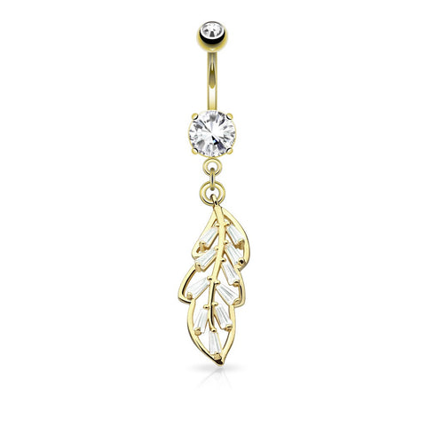 Belly Button Ring Navel Princess Cut CZ Paved Leaf Dangle 316L Surgical Steel Goldtone