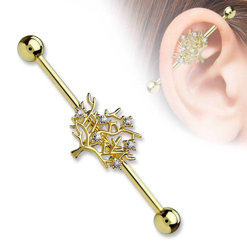 Industrial Barbell CZ Tree of Life 316L Surgical Steel 1 1/2 14g Bar Goldtone