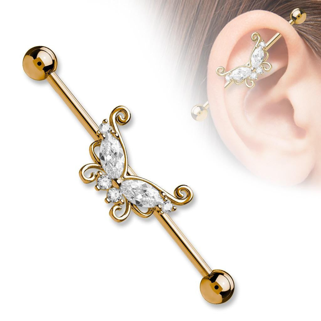 Industrial Barbell Butterfly 316L Surgical Steel 1 1/2 14g Bar Rose Goldtone