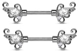 Nipple Ring CZ Set Floral Filigree Ends 316L Surgical Steel Barbells Bar pair