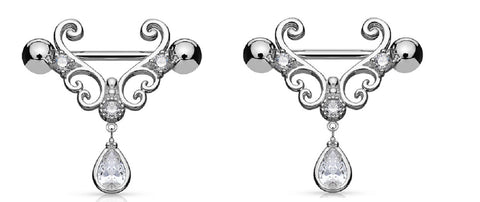 Nipple Ring CZ Floral Filigree  Tear Drop  316L Surgical Steel Barbells  Bar pair