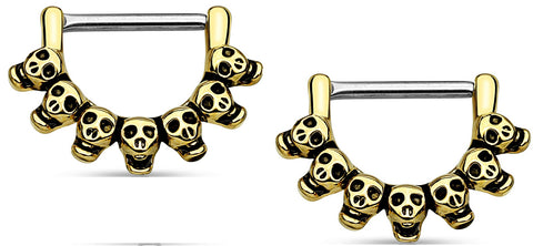 Crystal Paved Lined Skull 316L Surgical Steel Nipple Clicker Ring Sold as a pair