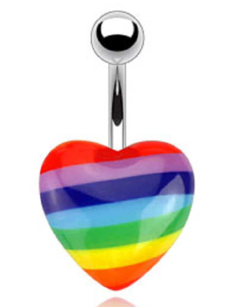 Belly Button Rings Heart with Rainbow Pride  Print Acrylic 316L Surgical Steel