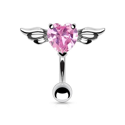 Belly Button Ring Angel Winged 8mm Heart CZ Top Down Navel 14 gauge