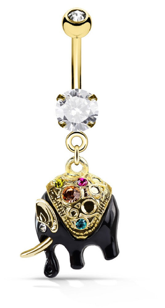 Belly Button Ring Navel Rings Multi Color Crystals Gold Black Elephant 14g