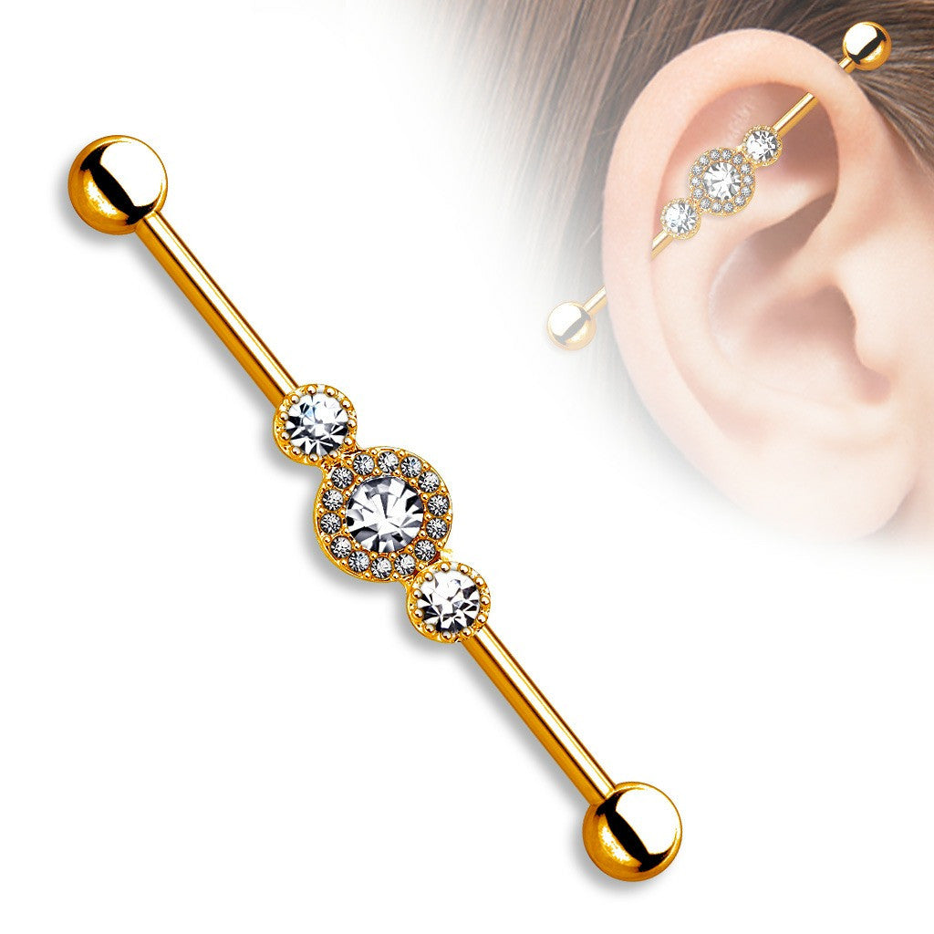 Industrial Barbell CZ Centered Paved Circle Rose Gold Plated  316L Surgical Steel 1 1/2