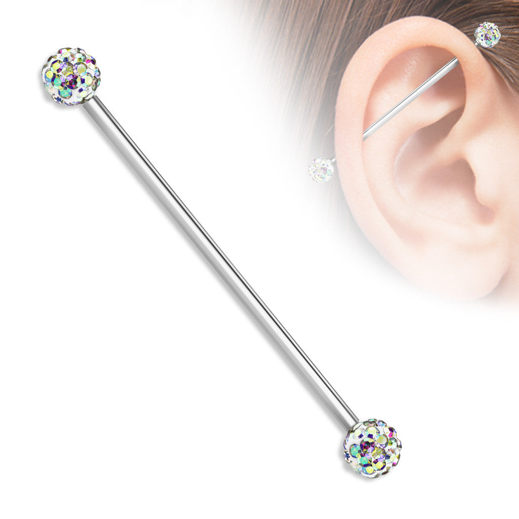 Industrial Barbell Crystal Paved Ferido Balls both sides 316L surgical Steel bar 1 1/2