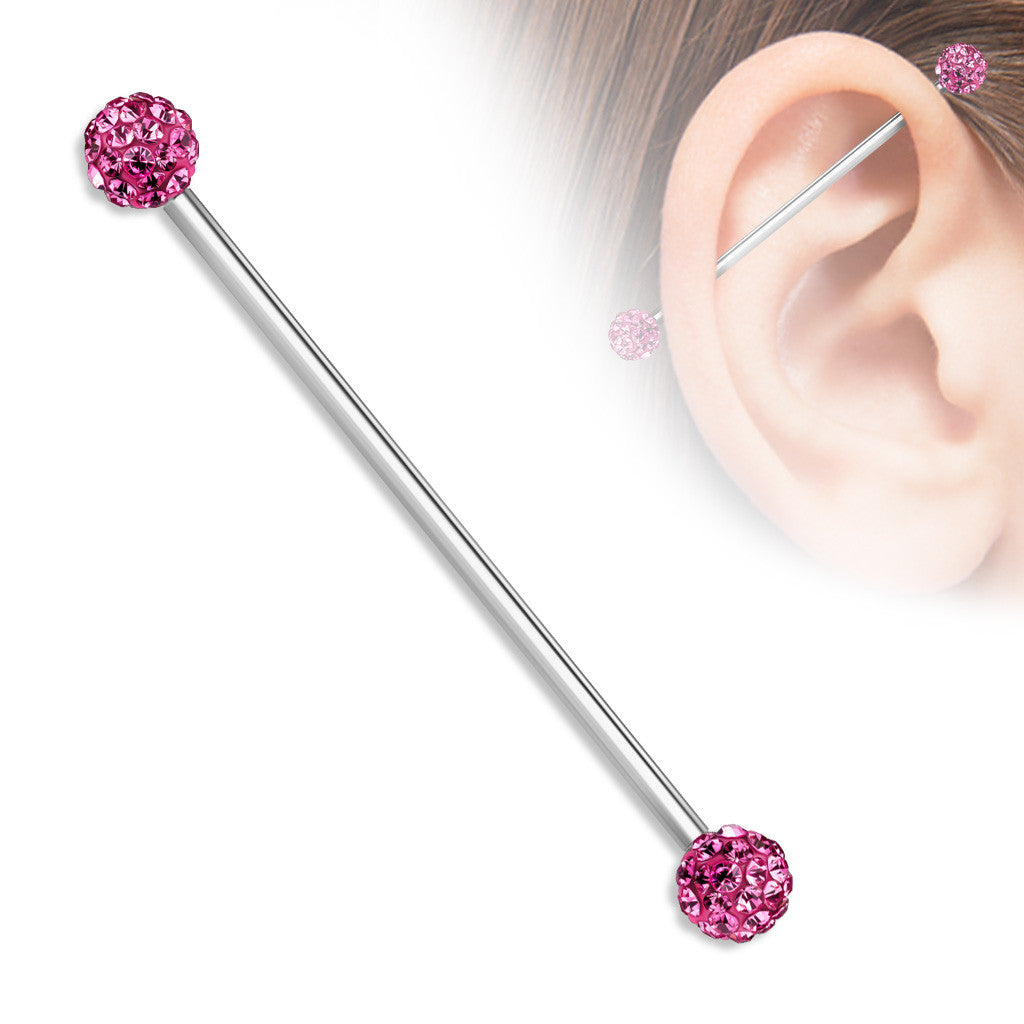 Industrial Barbell Crystal Paved Ferido Balls both sides 316L surgical Steel bar 1 1/2