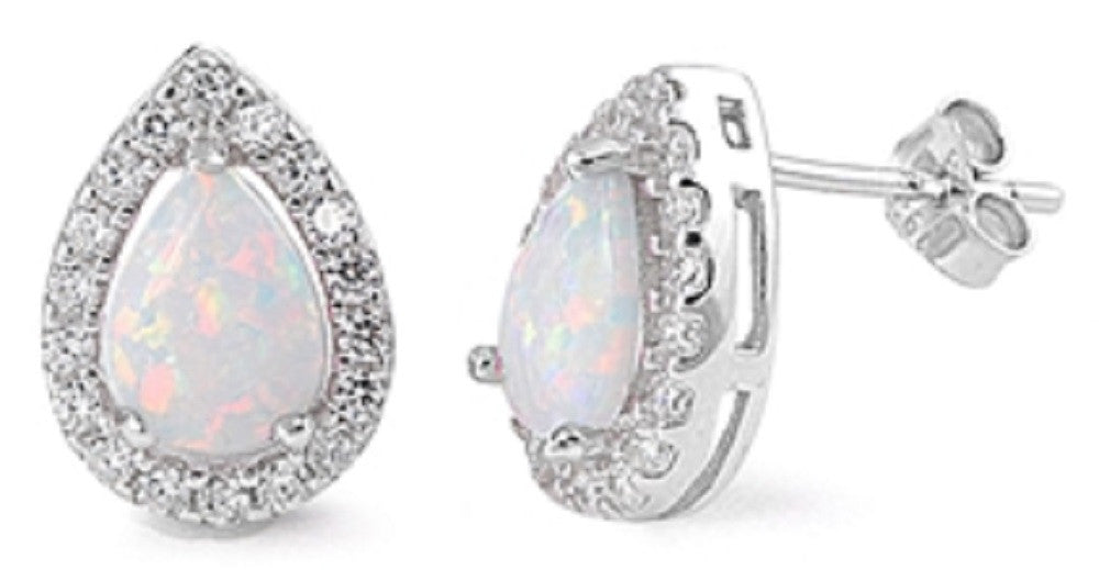 Sterling Silver Stud Earrings - White Lab Opal , Clear CZ Post stud earrings
