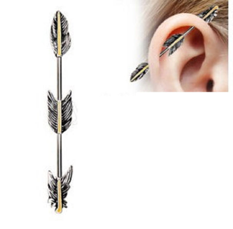 Industrial Barbell 316L Stainless Steel Bar Golden Triple Tier Feathers 1 1/2''
