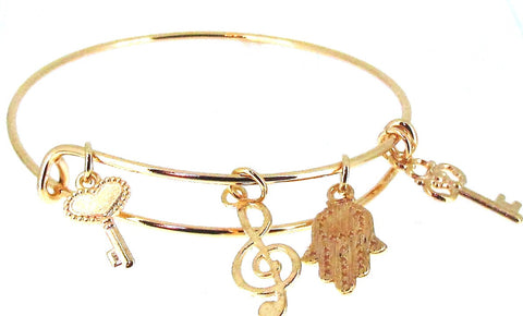 Expandable Bangle Hamsa Music Note Skeleton Key Goldtone