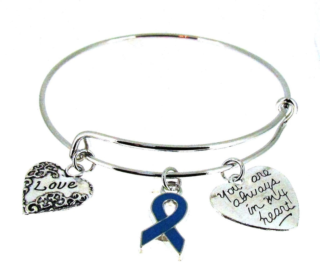 Expandable Bangle Blue Awareness Ribbon Always in my heart