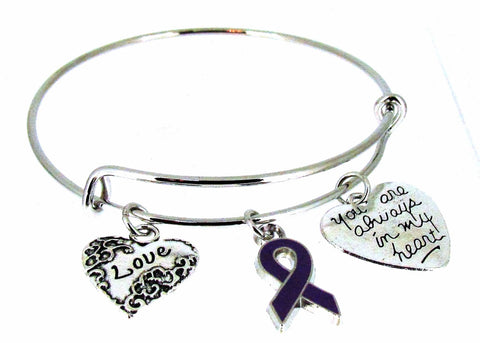 Expandable Bangle Purple Awareness Ribbon Always in my heart