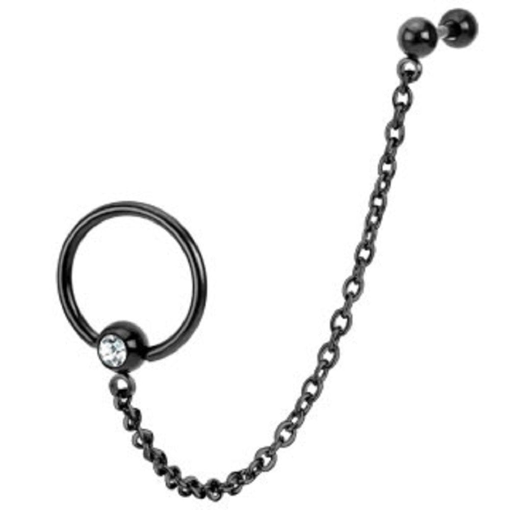 Tragus/Cartilage Captive Bead Ring with Chain Linked Barbell Black IP 316L Surgical Steel