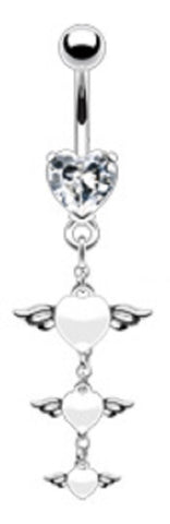 Belly Button Ring Triple Epoxy Angel Wing Heart Dangle 14 Gauge