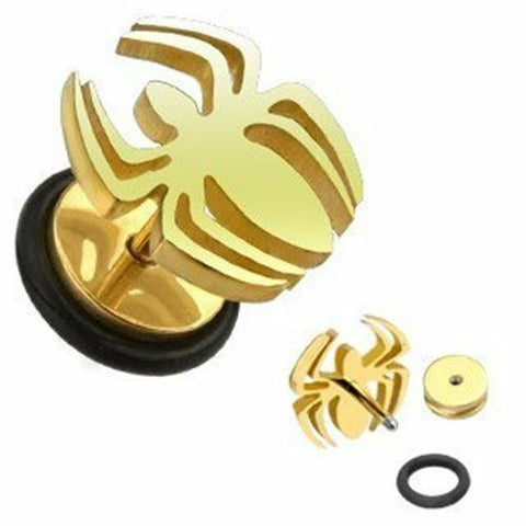 Earrings Rings 316L Surgical Steel Gold IP Spider Fake Plug 16g 1/4'' - Sold as a pair