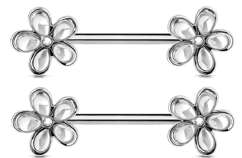 Nipple Ring Crystal Set  Flower Ends 316L Surgical Steel Barbells Pair