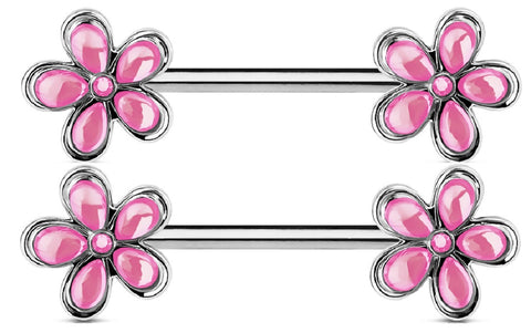 Nipple Ring Crystal Set  Flower Ends 316L Surgical Steel Barbells Pair