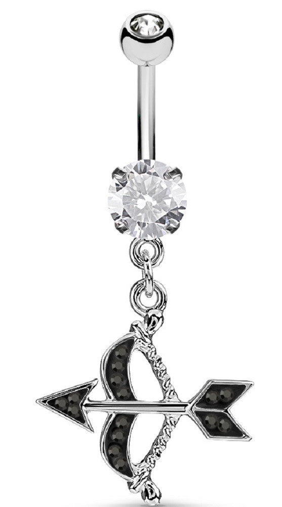 Belly Button Ring Crystal Paved Cupid Bow and Arrow CZs Navel barbell