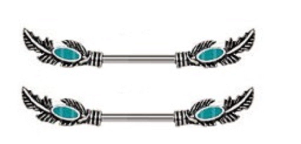 Nipple Shield Rings barbell  Feather Nipple Bar Turquoise Beads sold as a pair 14 gauge
