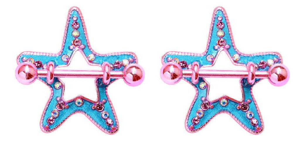 Nipple Shield Rings barbell Candy Starfish Sea Star Bar  pair 14g 7/8''