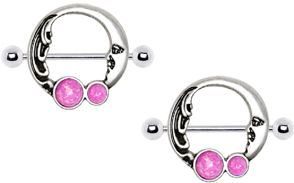 Nipple Shield Rings barbell  Crescent Moon Nipple Opal Nipple Bar  pair 14 gauge