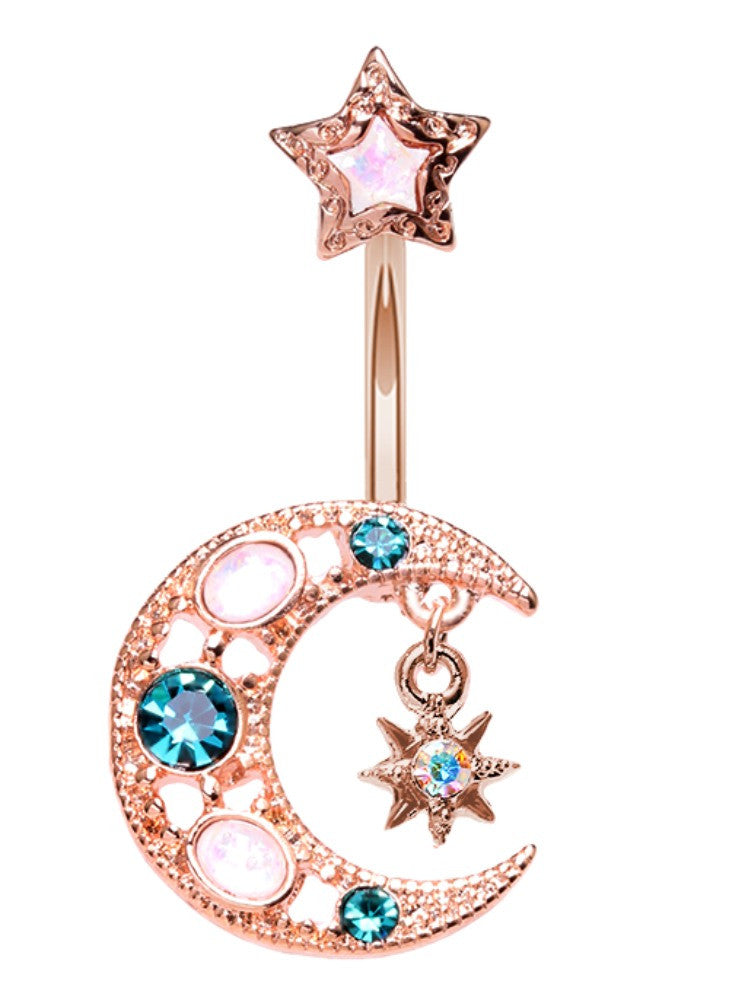 Belly Button Ring Navel 14g Rose Gold Plate Opal Celestial Star Moon Dangle