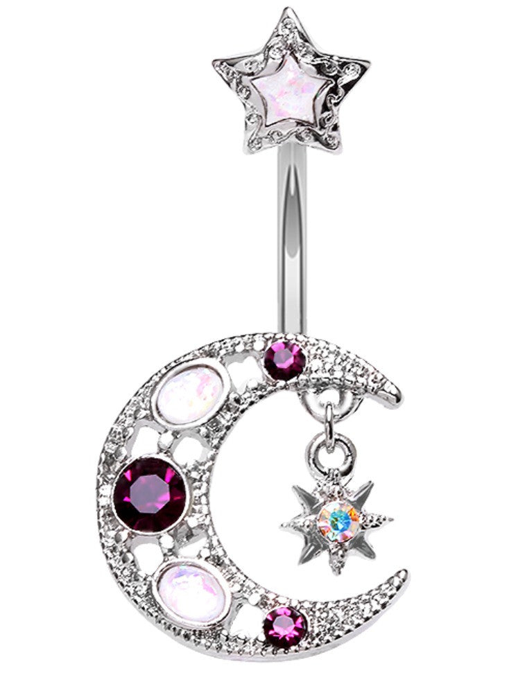 Belly Button Ring Navel 14g  Opal Celestial Star Moon Dangle