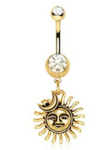 Belly Button Ring Surgical Steel Gold Plated Sun Moon Star Navel Ring 14g 3/8'