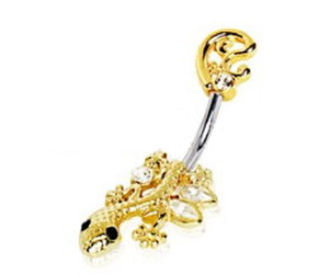 Belly Button Ring Surgical Steel Gold Plated Filigree Gecko Navel Ring 14g 3/8'