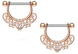 Nipple rings CZ Set Center Heart Filigree Dangle 316L surgical Steel - Rose Goldtone / Rose Goldtone - Rose Goldtone / Rose Goldtone