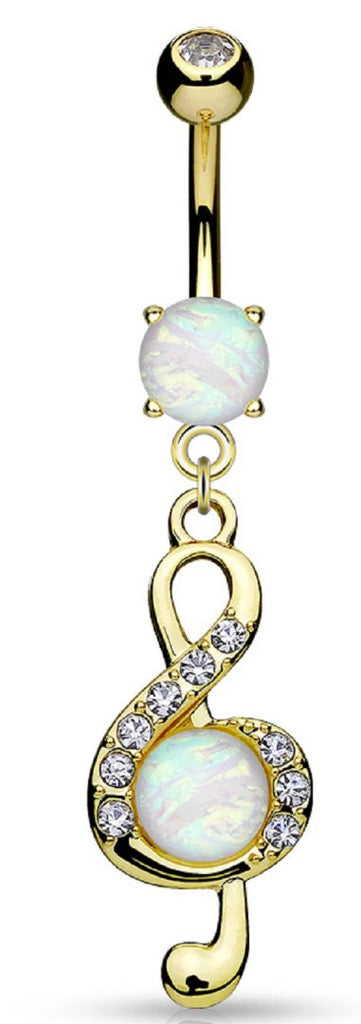 Belly Button Ring Opal Glitter Center Crystal Paved Clef Navel 14g 3/8'' goldtone