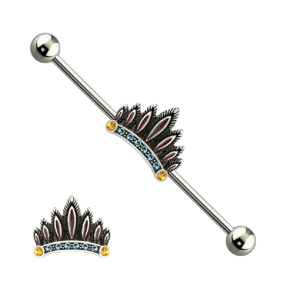 Industrial Barbell 316L Surgical Steel Multi Gem Feather Crown