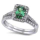 STERLING SILVER RING W/CZ Synthetic Emerald - Wedding Set